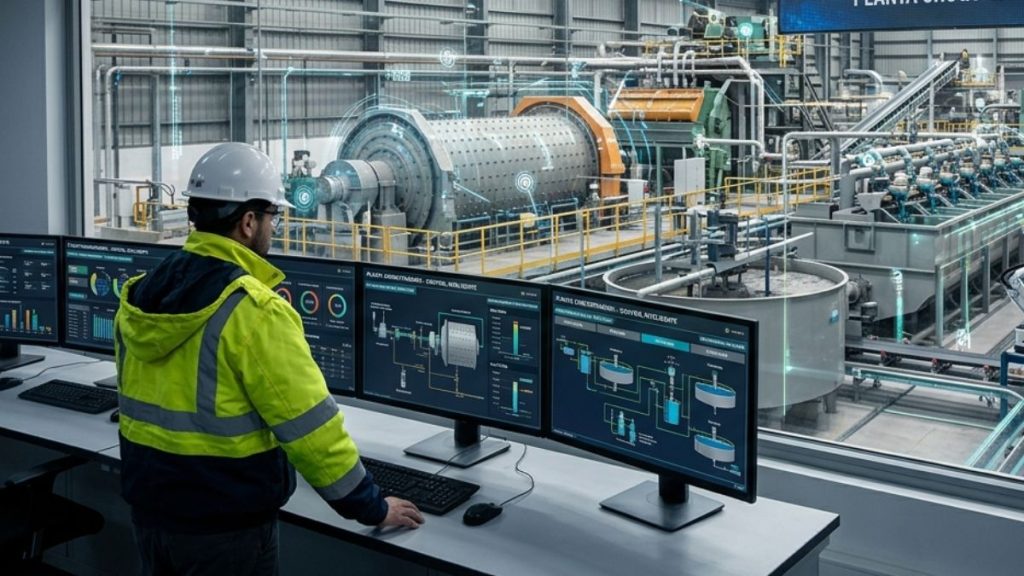 Ingeniero en una sala de control moderna supervisando una planta concentradora de minería inteligente con gráficos de datos digitales, sensores holográficos y maquinaria automatizada.