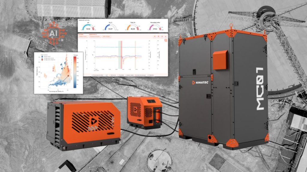 Equipos tecnológicos KRHEO de Konatec para medición reológica en minería, junto a paneles digitales de análisis de datos y gráficos de viscosidad sobre un fondo de planta industrial.