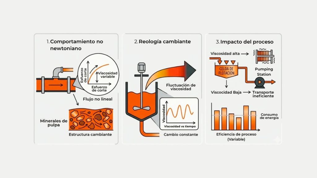 Flujo de pulpa de cobre en planta mostrando comportamiento no newtoniano y variabilidad reológica en proceso minero