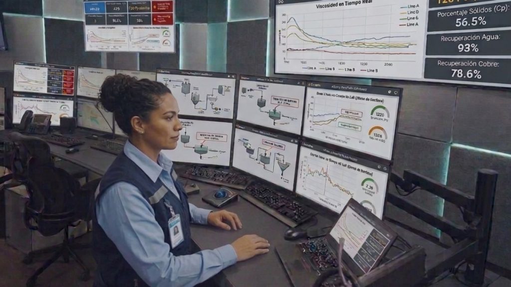 Ingeniera supervisando datos de reología en línea y estabilidad de pulpa en tiempo real dentro de un Centro de Operaciones Integradas (GIO) de minería.